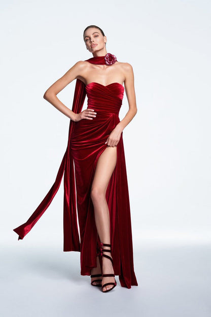 Velvet Strapless Split Party Dress XS / Red