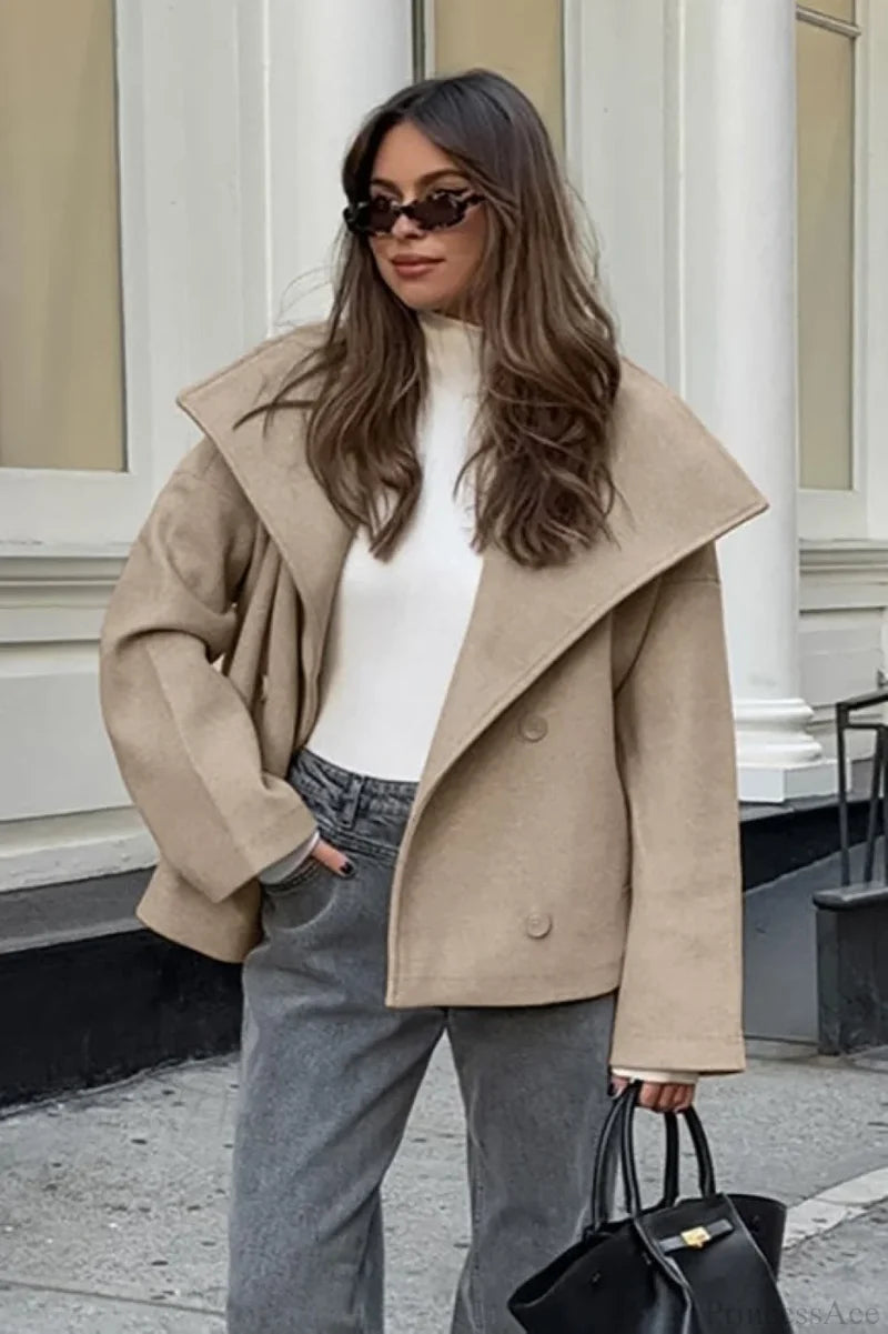 Vintage Khaki Double Breasted Thickened Wool Blend Coat