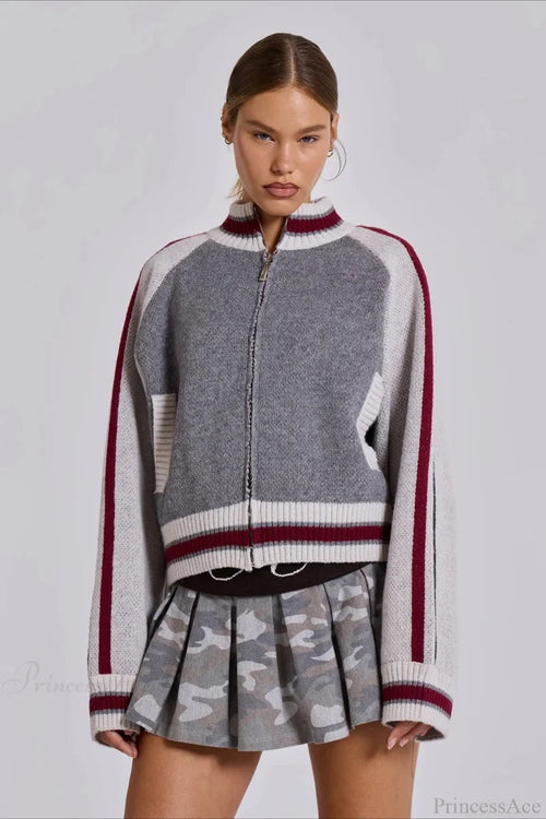 Vintage Letter Knit Cardigan Sweater Grey / S