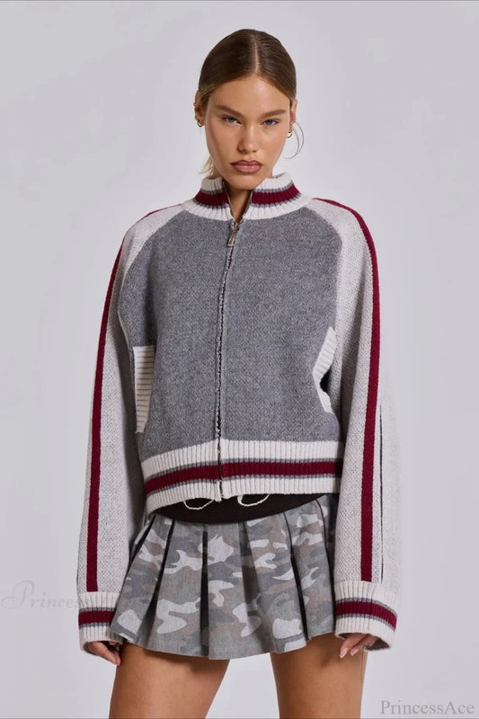 Vintage Letter Knit Cardigan Sweater Grey / S