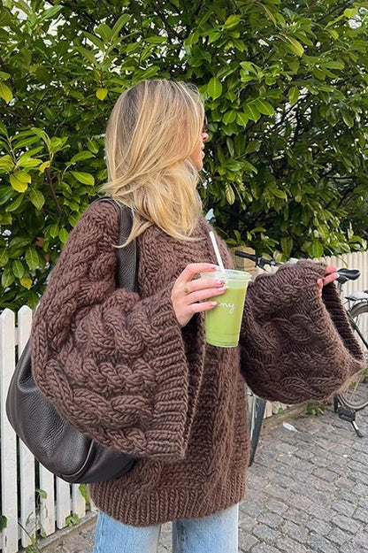 Vintage Loose Comfortable Crew Neck Wide Sleeve Cable Sweater