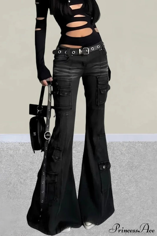 Vintage Multi-pocket Y2K Slim Flare Jeans Black / S