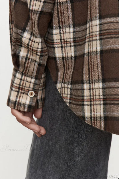 Vintage Plaid Pocket Long Sleeve Collared Blouse