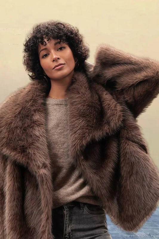 Vintage Solid Color Faux Fur Minimalist Coat Brown / XS