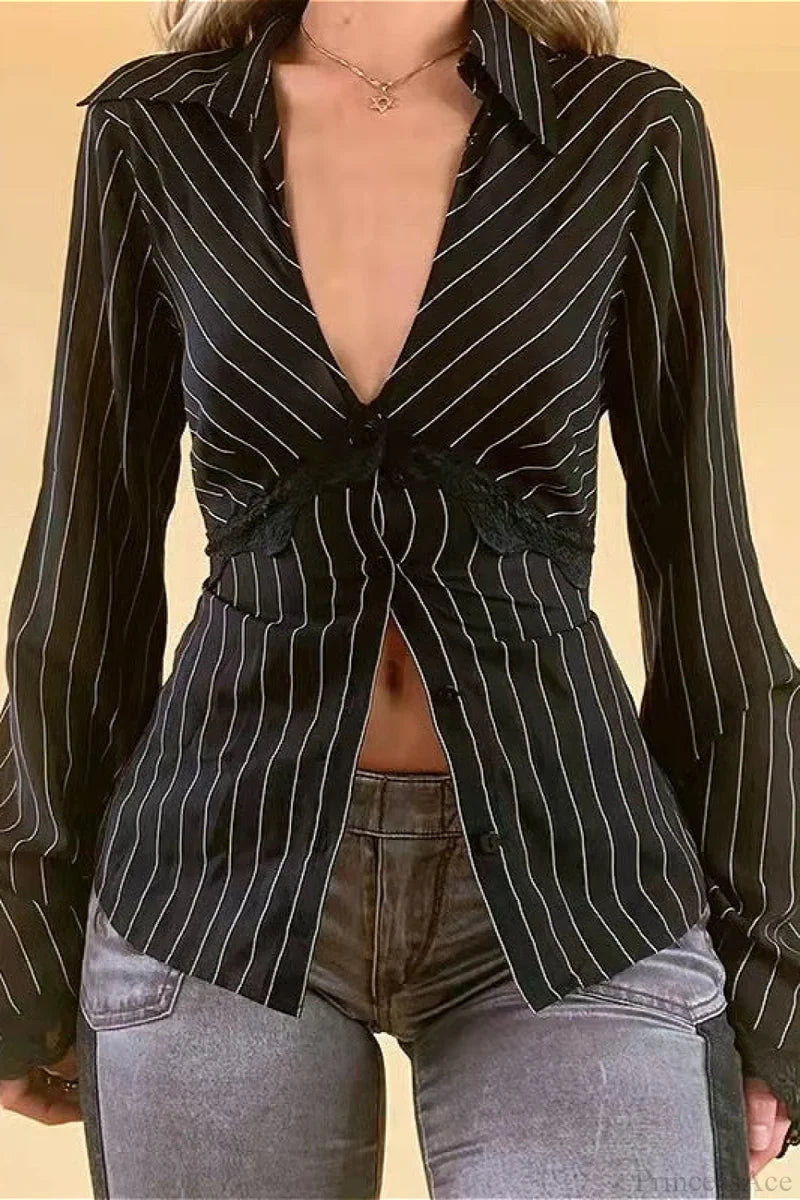 Vintage Striped Lace Contrast Blouse Black / S