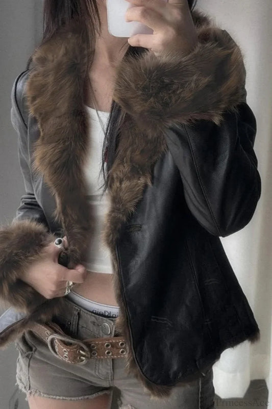 Vintage Y2K Furry Collar Leather Waist - Cinching Jacket Black / S