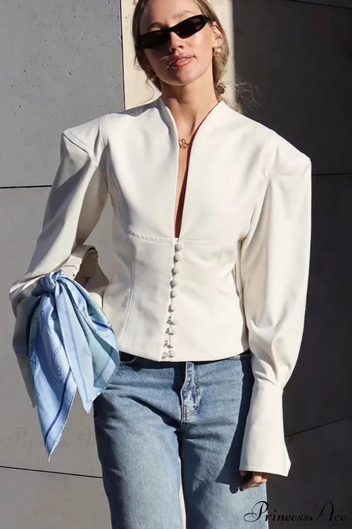 Waist Cinching V Neck Long Sleeve Coat White / S