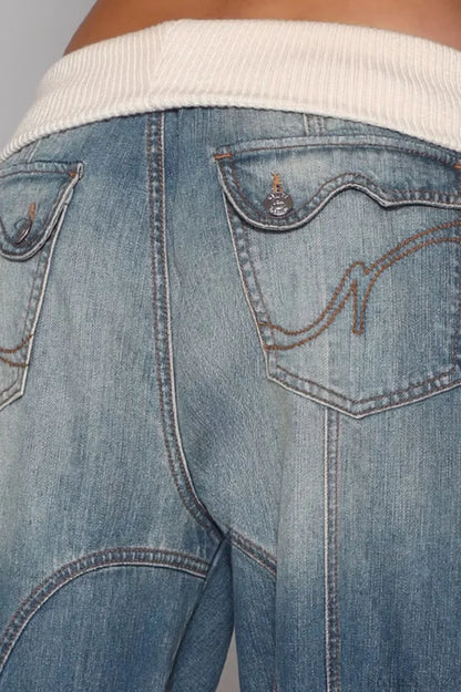 Washed Distressed Sporty Waist Wide Leg Jeans