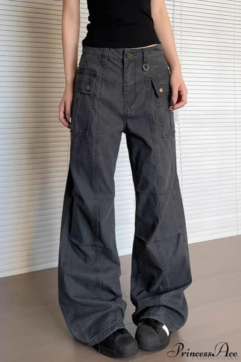 Washed Multi Pocket Flared Cargo Pants Grey / S