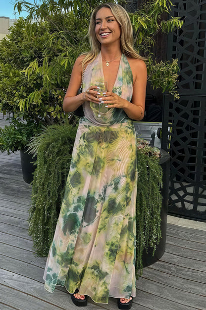 Watercolor Print Deep V Cowl Neck Backless Cami Ruched Maxi Dress
