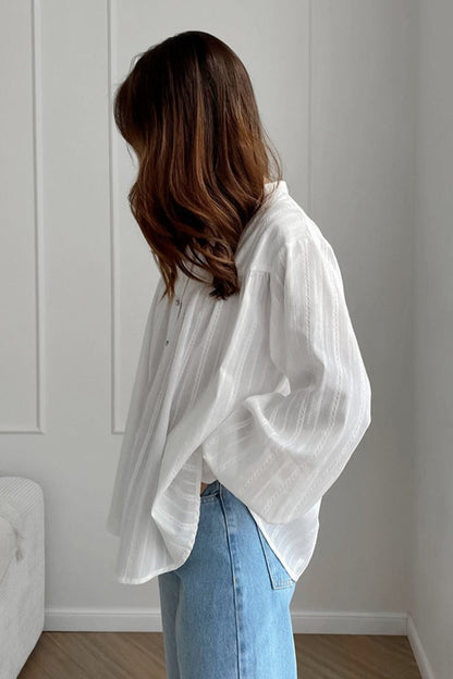 White Cotton Jacquard Stand Collar Blouse