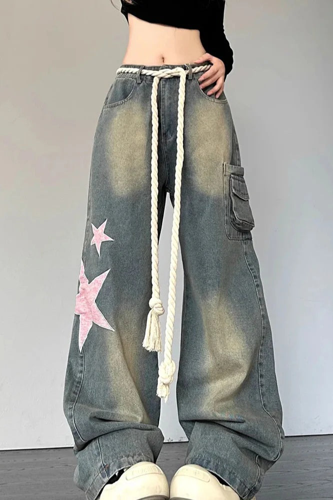 Wide Leg Patchwork Heart Jeans Blue / S
