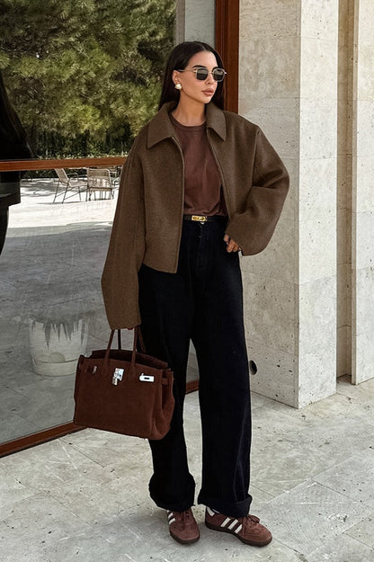 Wool Blend Cropped Casual Jacket