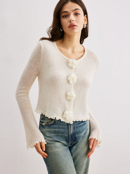 Wool Blend Lettuce Trim 3D Flower Cardigan Cardigans