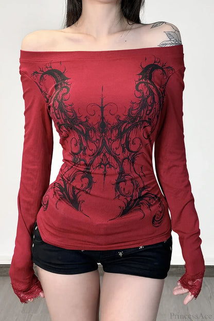 Y2K Dark Print Off Shoulder Long Sleeve Tee