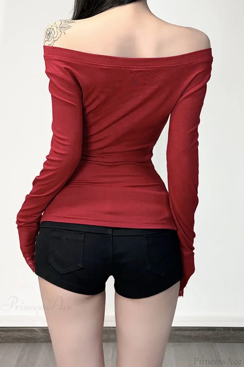 Y2K Dark Print Off Shoulder Long Sleeve Tee