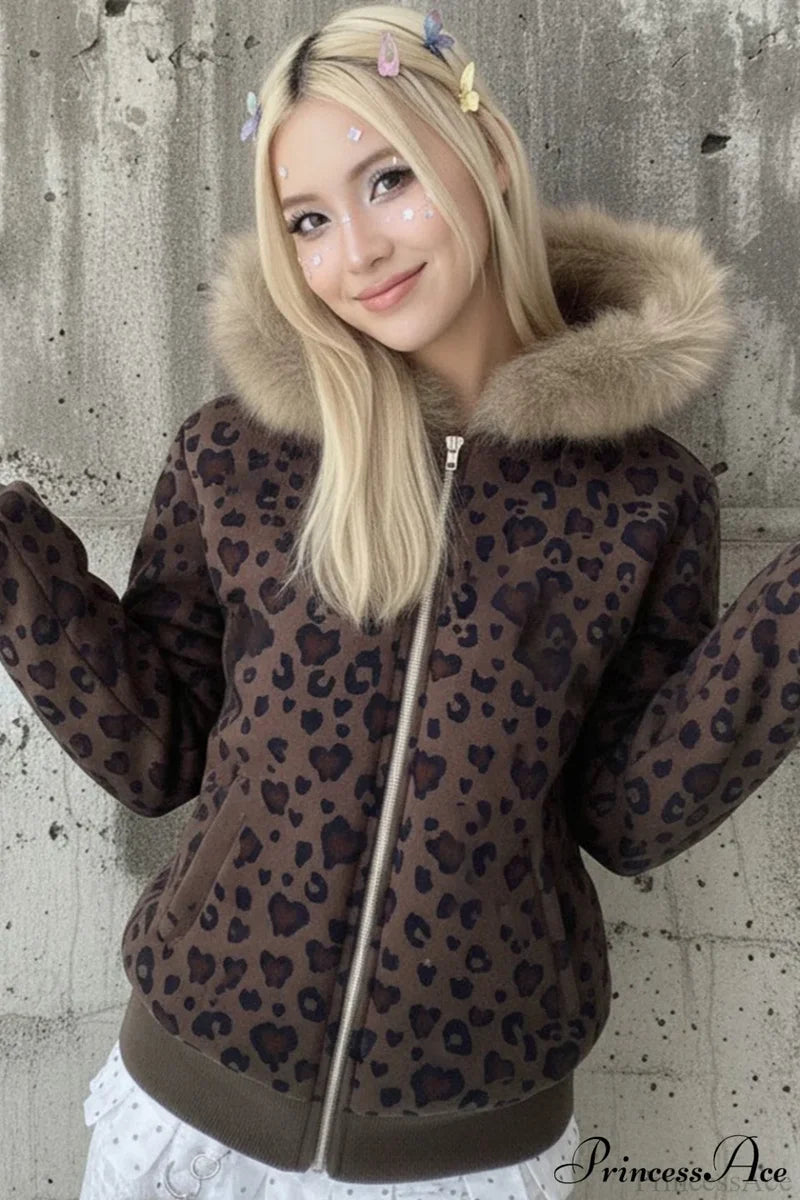 Y2K Sexy Leopard Print Fleece Zipper Hoodie
