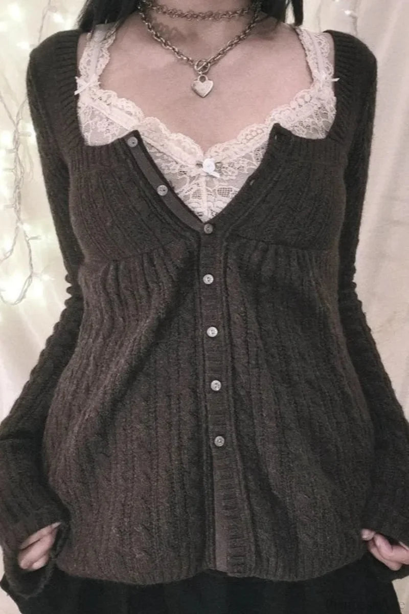 Y2K Sweet Square Neck Cable Knit Button Blouse Black / S