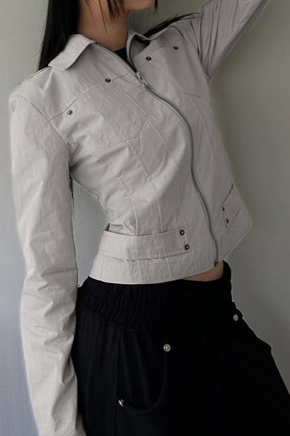 Zip Up Solid Color Utility Jacket Ivory / S